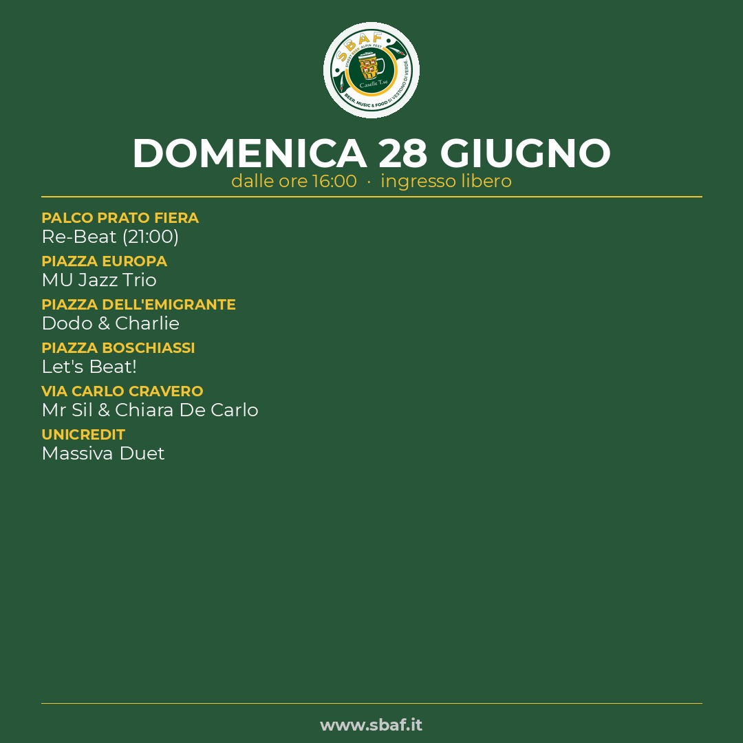 Il programma di Domenica 28 giugno — SBAF 2026